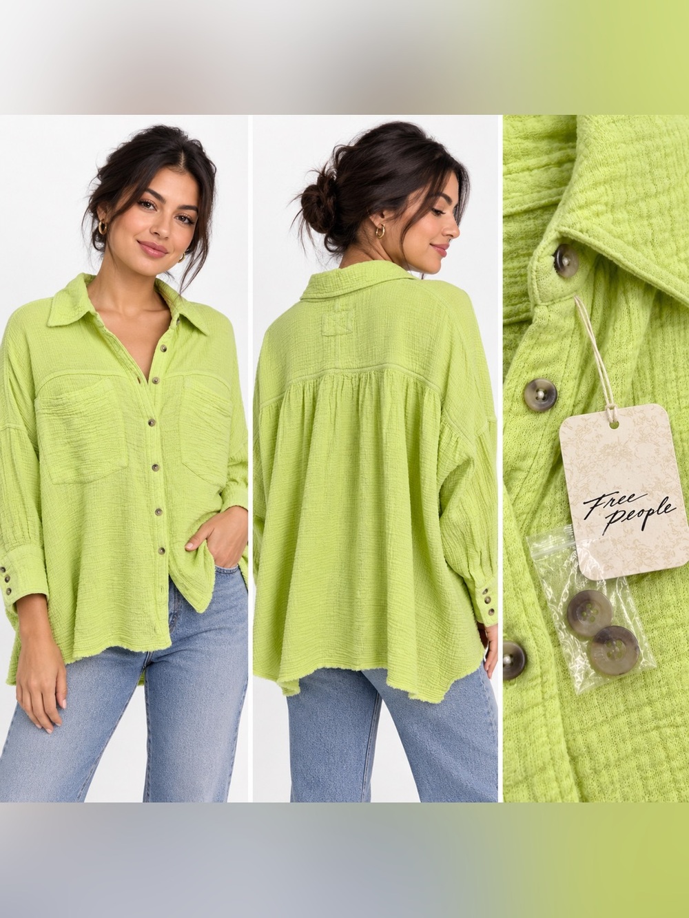 Free People Early Bloomer Cotton Button Down Shirt in Green Size Medium NWT